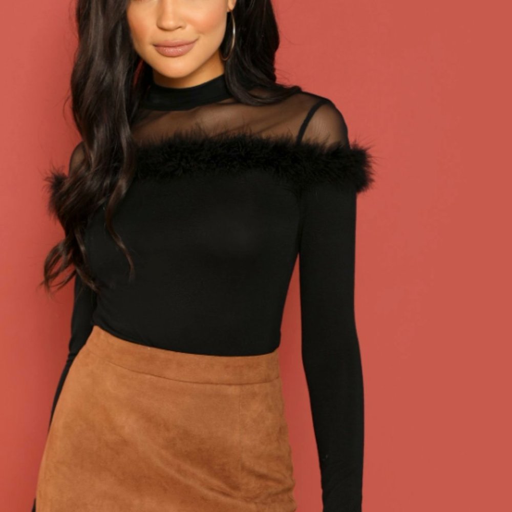 Shein Black Mesh Top with Feather Lining